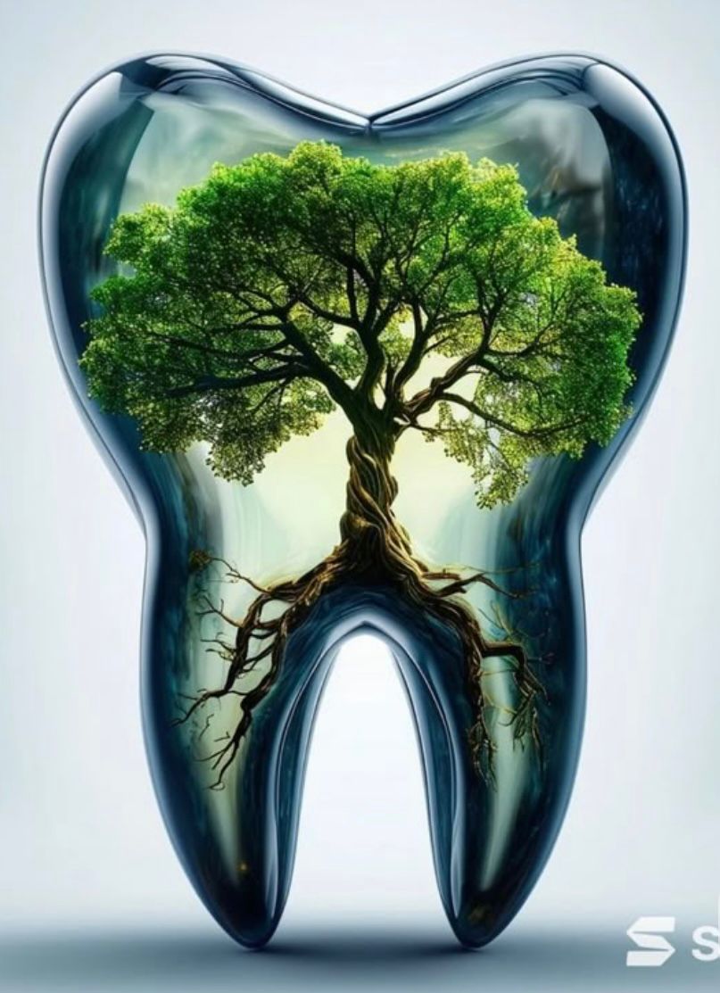 Diente artístico con flores, mariposas y elementos orgánicos representando los tres niveles de lectura de la Decodificación Dental